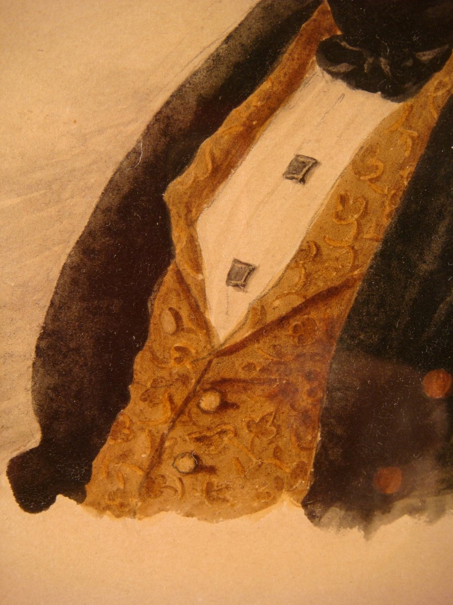 Portrait Man Watercolor From V. De Montford - Restoration Era-photo-2