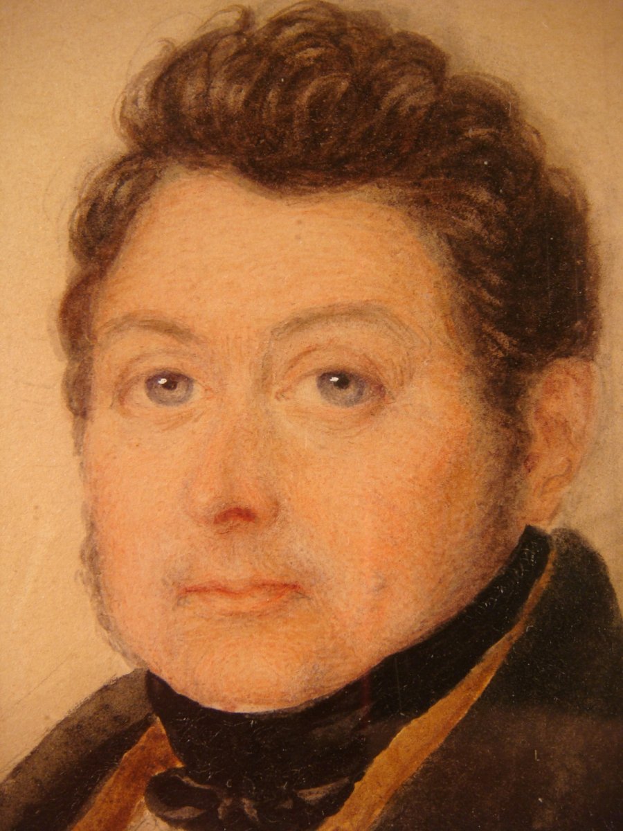 Portrait Man Watercolor From V. De Montford - Restoration Era-photo-3