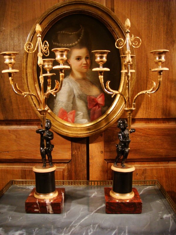 Paire De Petits Candélabres Aux Amours - Epoque Directoire 