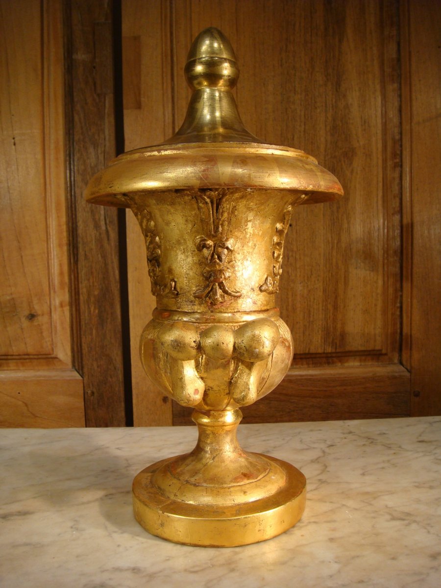 Vase Couvert Médicis En Bois Doré - Epoque Restauration-photo-3
