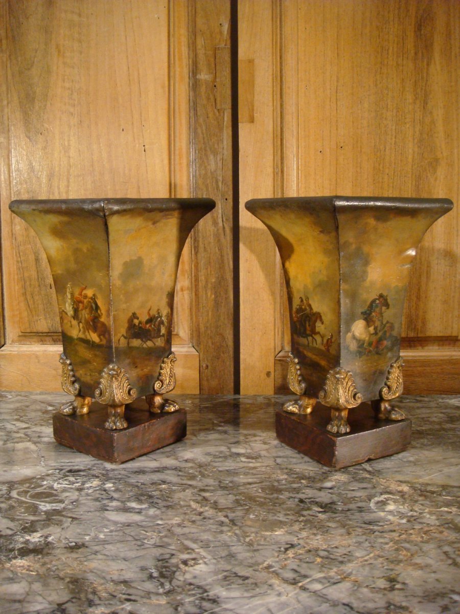 Pair Of Vases Cornets In Tin Painted Scenes Of Battles-photo-2