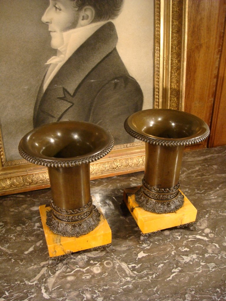 Pair Of Bronze And Marble Cassolette - Restoration Period-photo-7