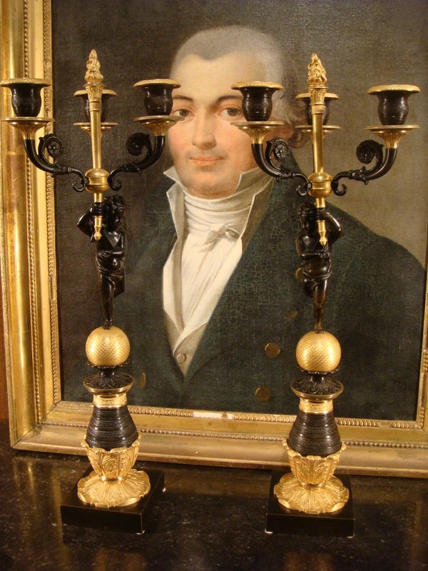 Pair Of Bronze Candelabra With Loves - Restoration Period-photo-2