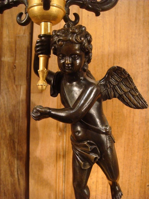 Pair Of Bronze Candelabra With Loves - Restoration Period-photo-4