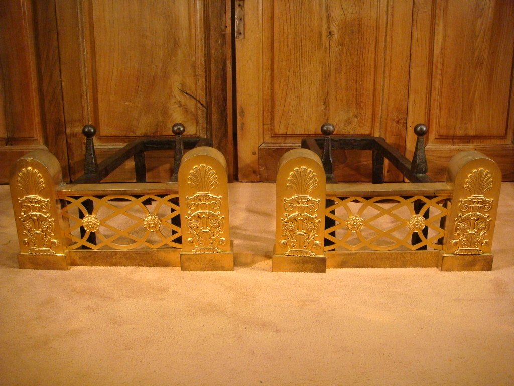Pair Of Gilt Bronze Chenêts From Chateau De Neully - XIXth Epoque-photo-3