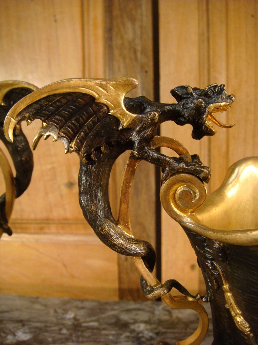 Paire d'Hanaps Aux Dragons Ailés En Bronze - Epoque Second Empire -photo-4