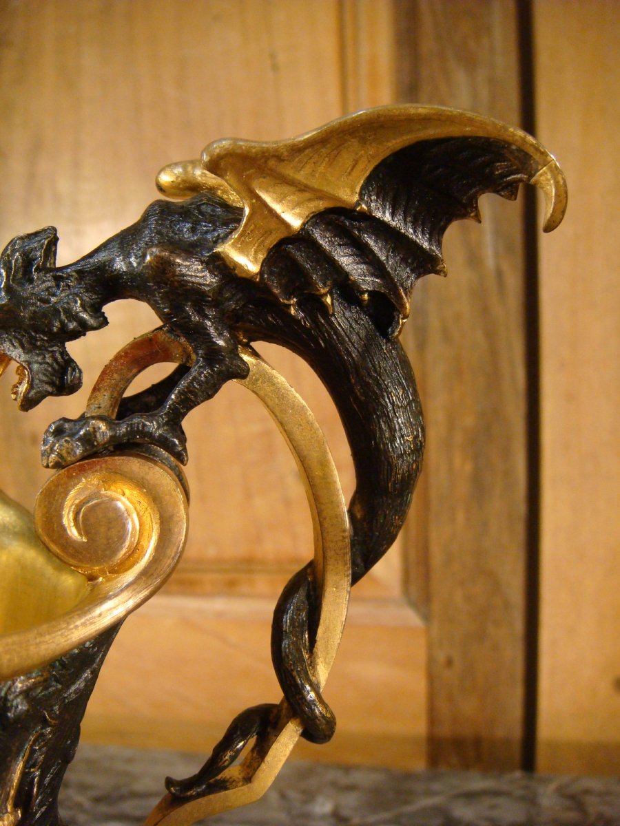 Paire d'Hanaps Aux Dragons Ailés En Bronze - Epoque Second Empire -photo-3