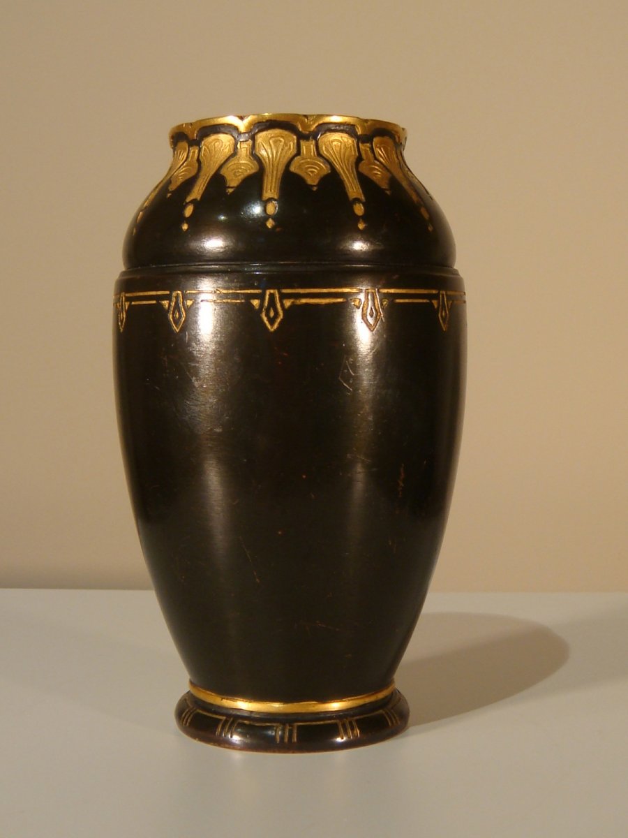 Christofle Dinanderie Vase En Bronze Brun Et Bronze Doré -photo-2