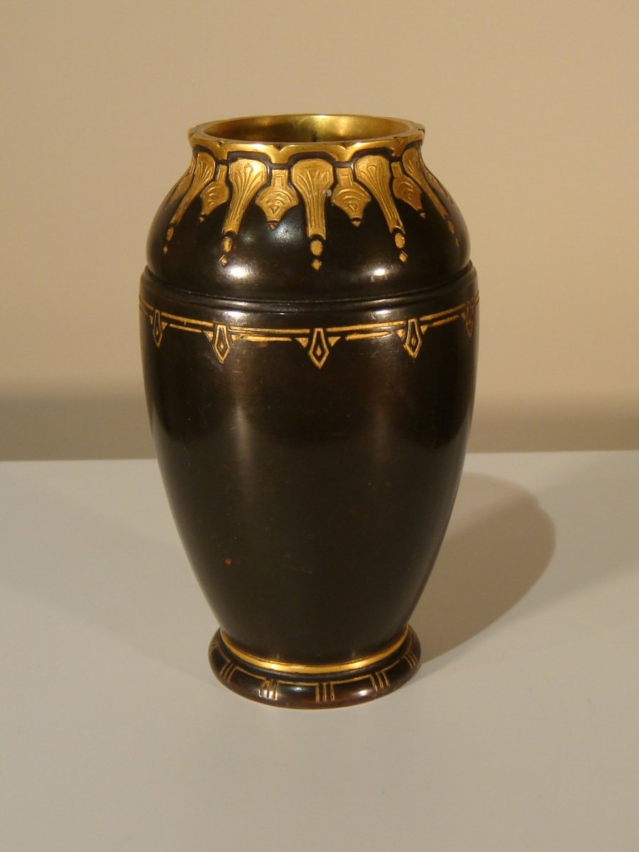 Christofle Dinanderie Vase En Bronze Brun Et Bronze Doré -photo-3