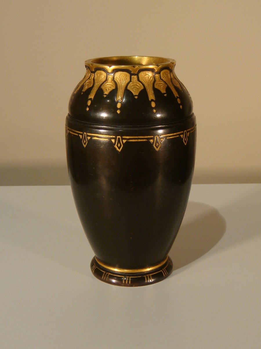Christofle Dinanderie Vase En Bronze Brun Et Bronze Doré -photo-7