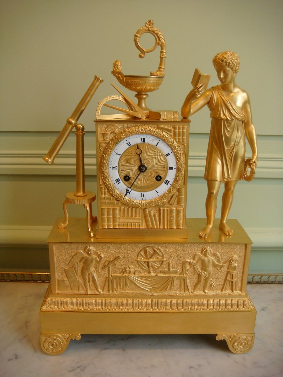 Allegory Of Sciences Pendulum In Gold Bronze Restoration Period-photo-4