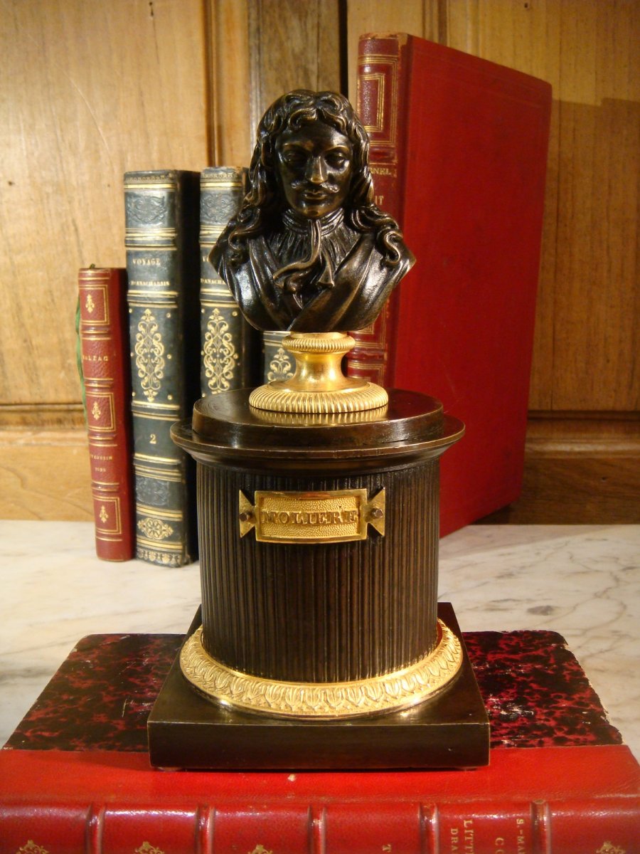 Encrier En Bronze Brun Représentant Le Buste De Molière-photo-8