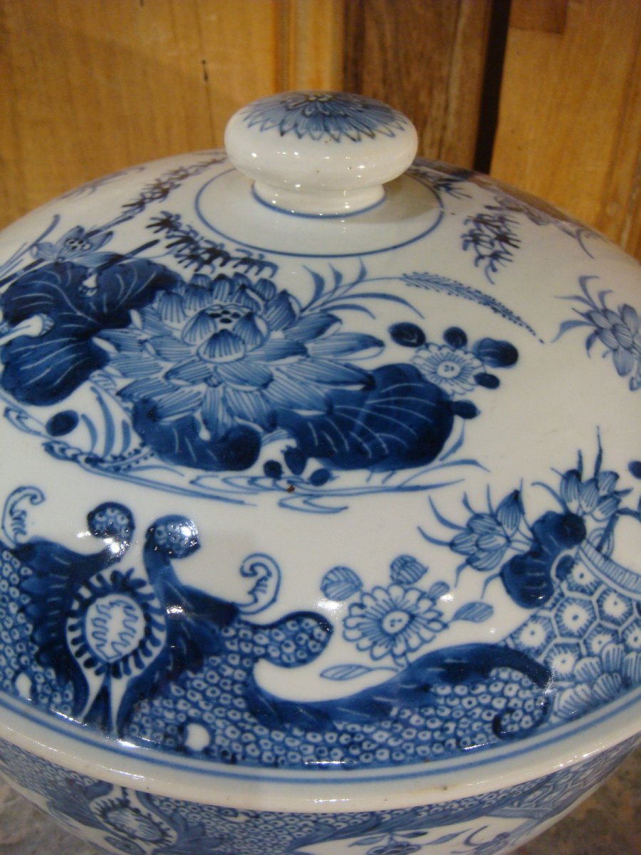 Pot Couvert Porcelaine Blanc Bleu - Chine Epoque XIX ème -photo-4