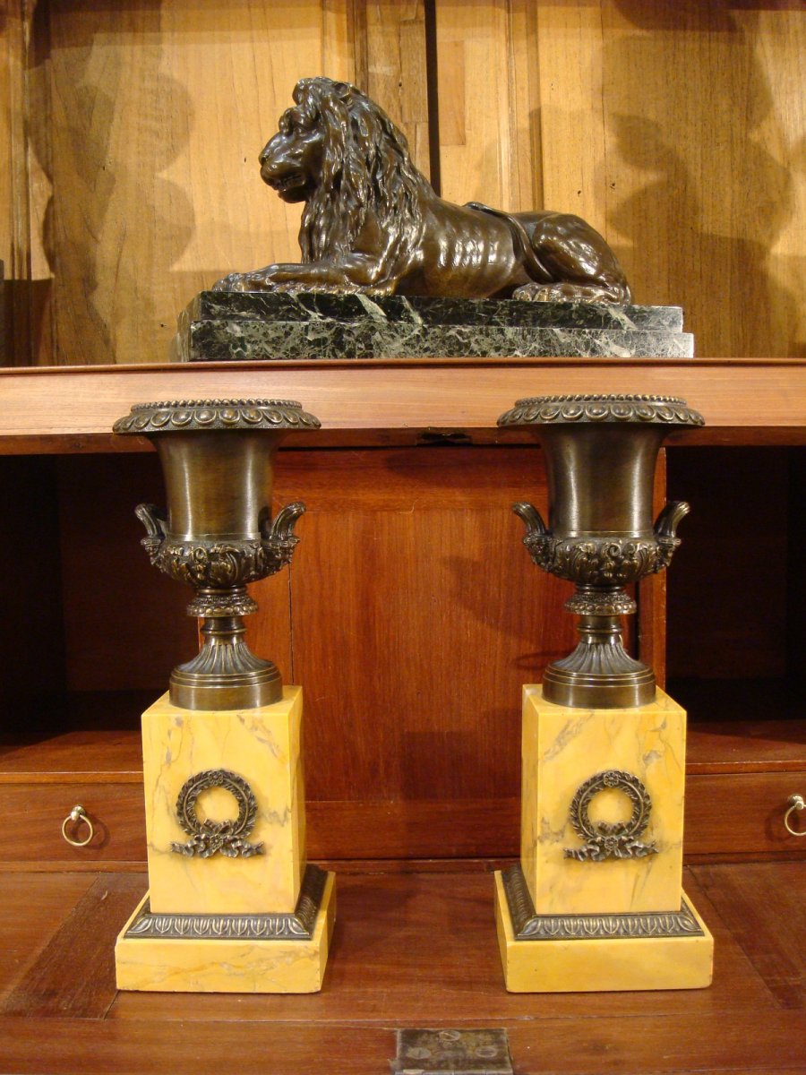 Pair Of Bronze Casseroles With Medici Vases