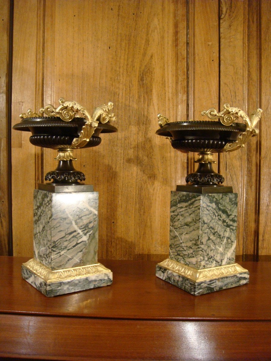 Pair Of Bronze And Marble Casserole Cups - Charles X Period-photo-3