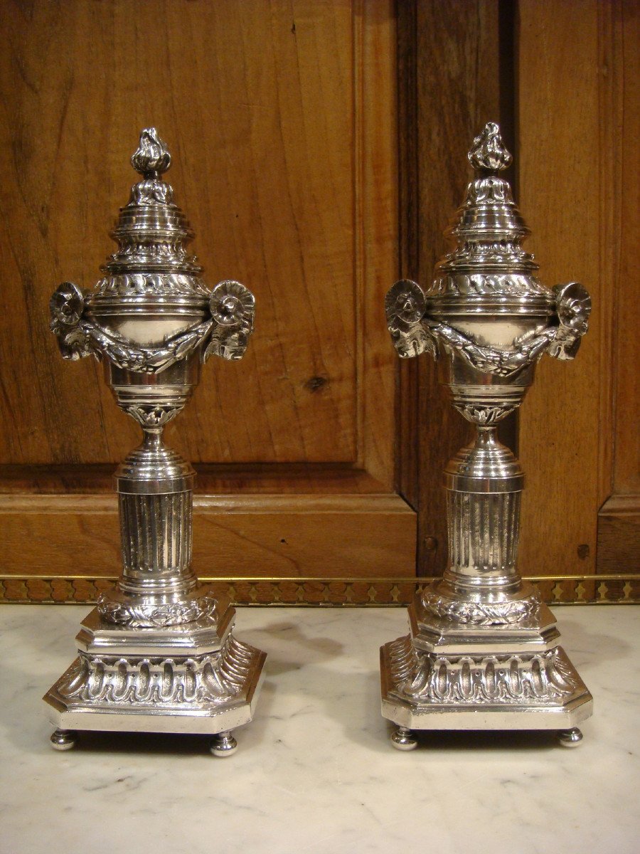 Pair Of Candlesticks In Silver Bronze Cassolettes - Louis XVI Style-photo-2