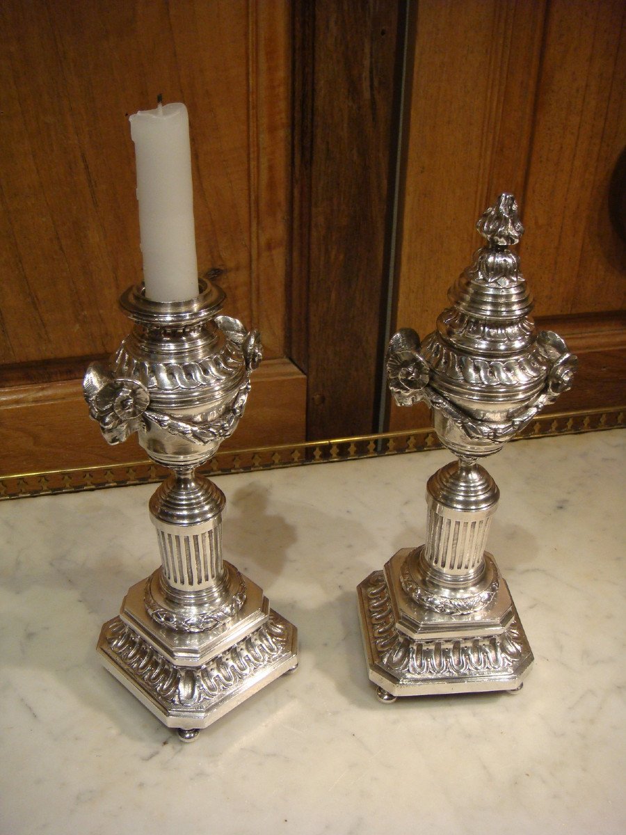 Pair Of Candlesticks In Silver Bronze Cassolettes - Louis XVI Style-photo-6
