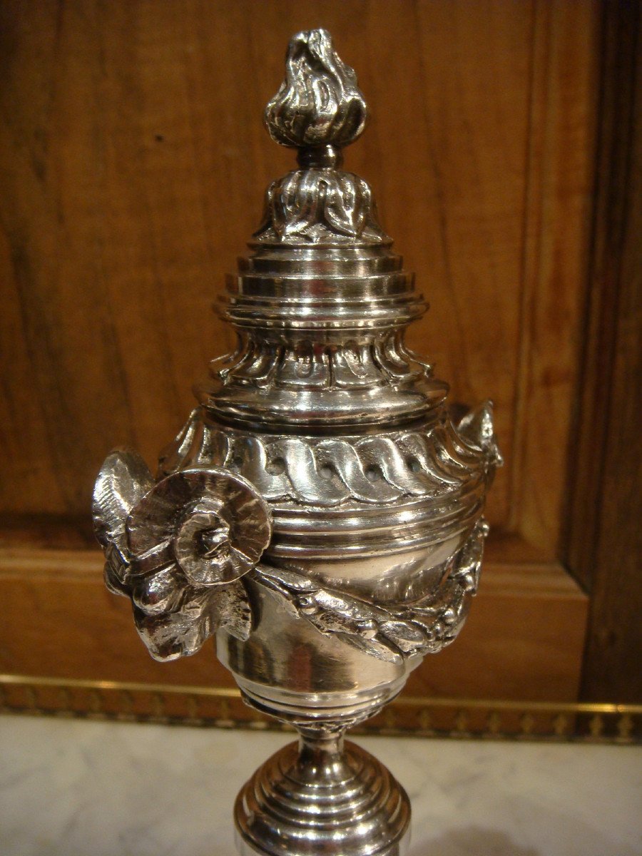 Pair Of Candlesticks In Silver Bronze Cassolettes - Louis XVI Style-photo-7