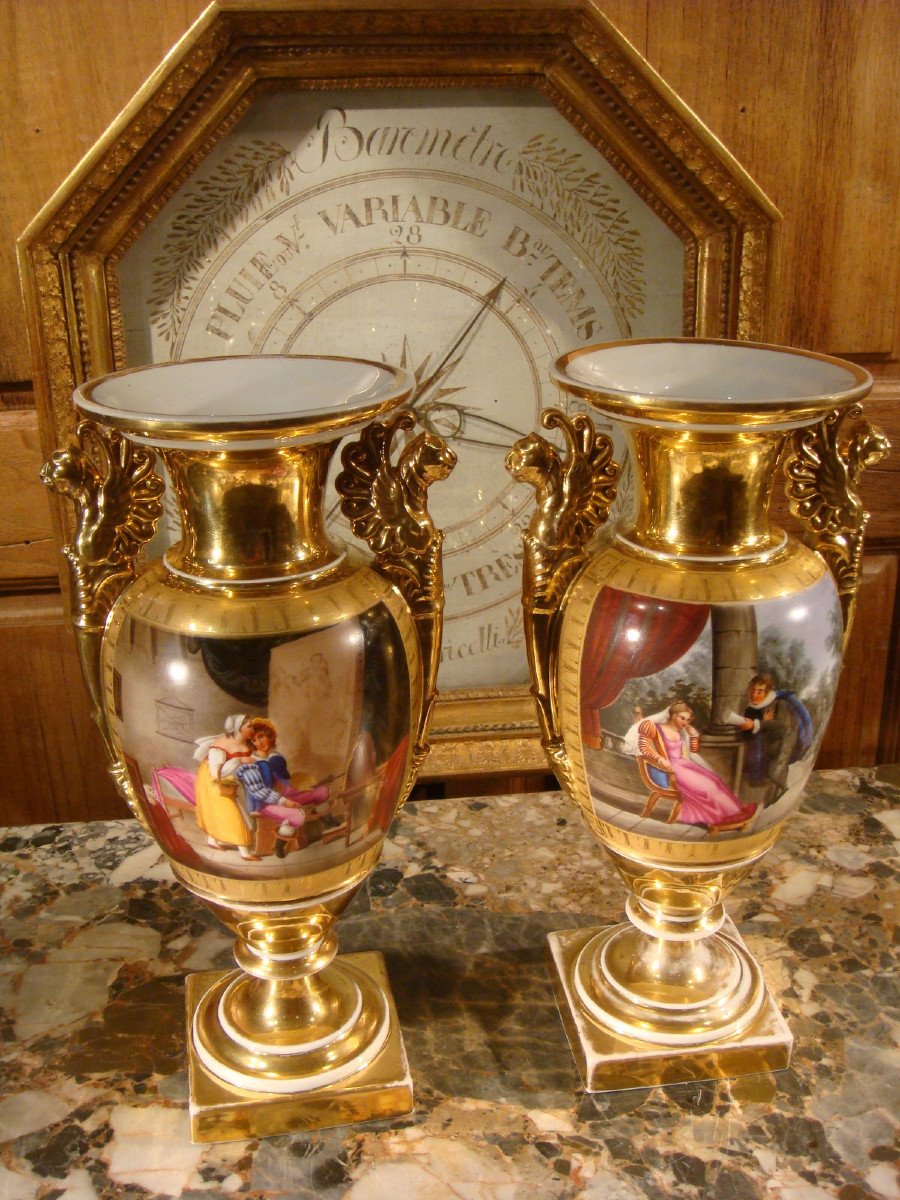 Pair Of Paris Porcelain Restoration Period Vases-photo-2