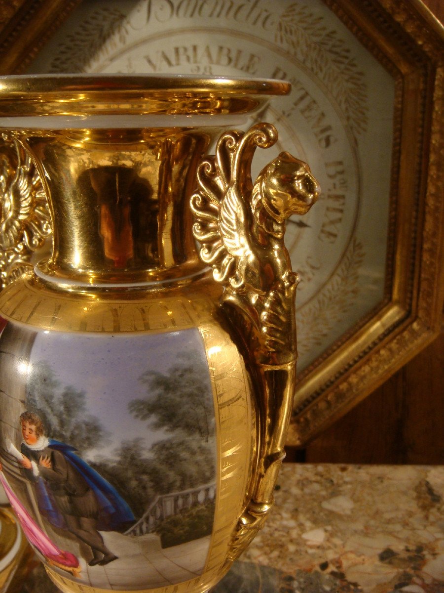 Pair Of Paris Porcelain Restoration Period Vases-photo-2