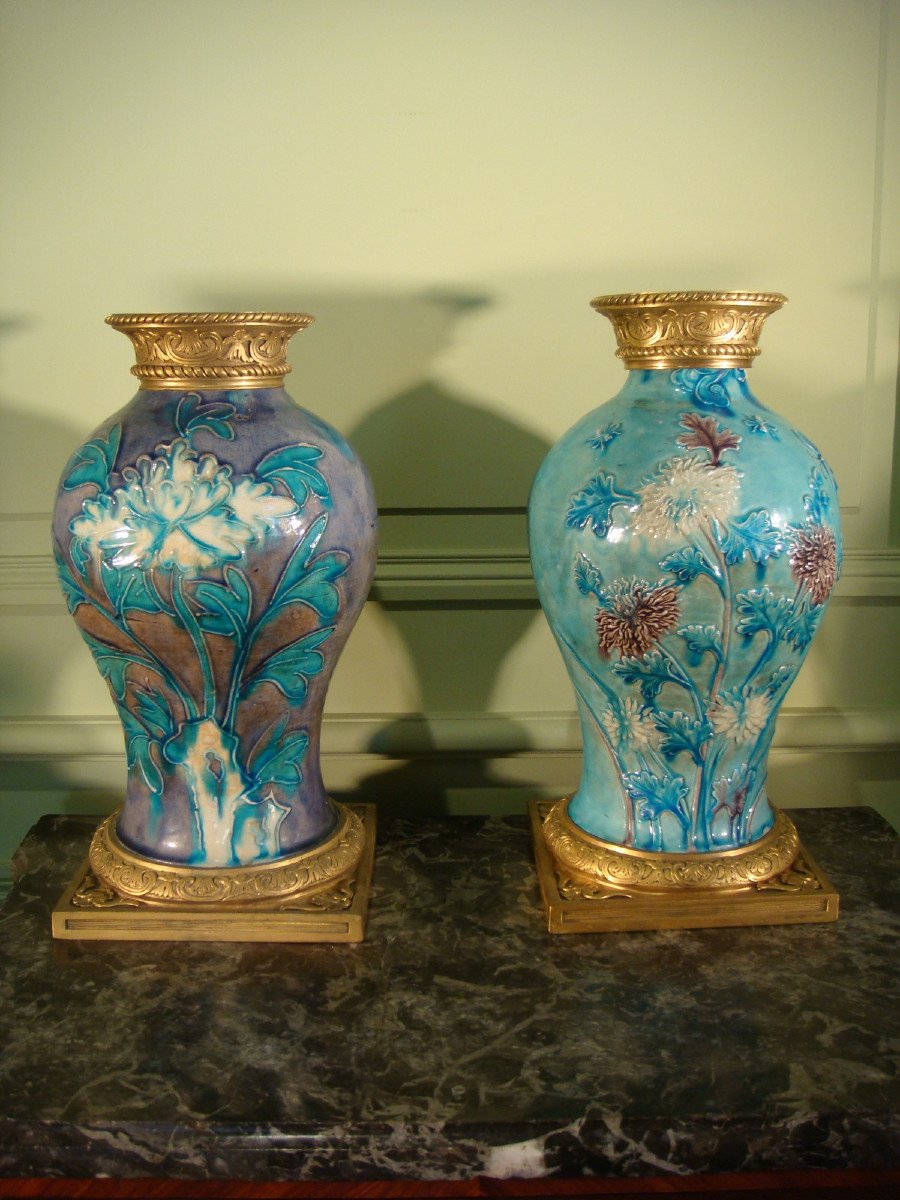 Suite Of Two Enamelled Stoneware And Gilt Bronze Baluster Vases - Ming Period