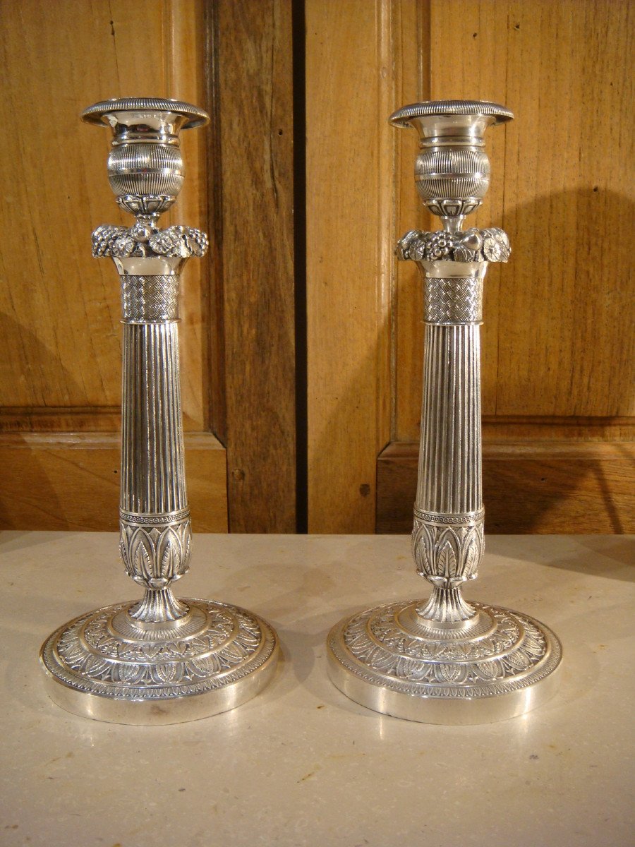 Pair Of Table Candlesticks In Silver Bronze - Restoration Period-photo-3
