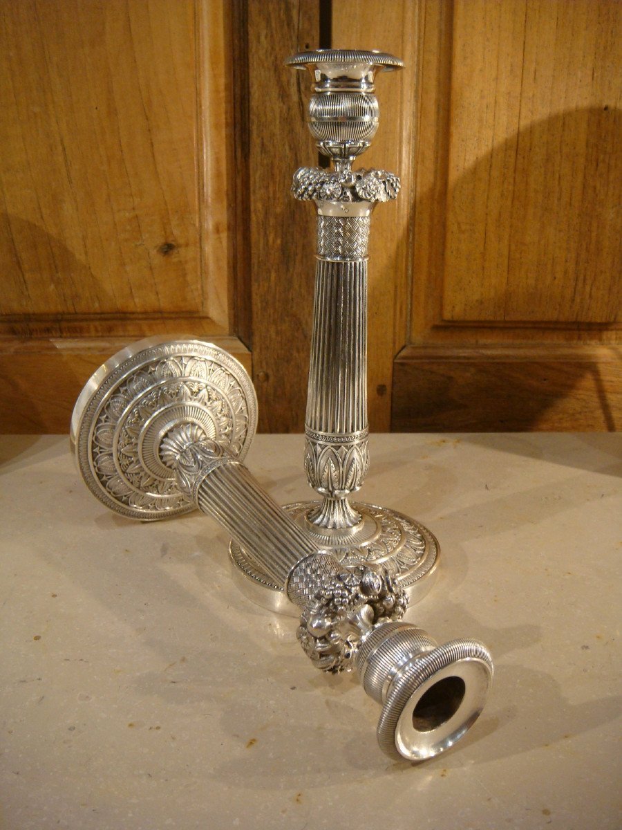 Pair Of Table Candlesticks In Silver Bronze - Restoration Period-photo-4