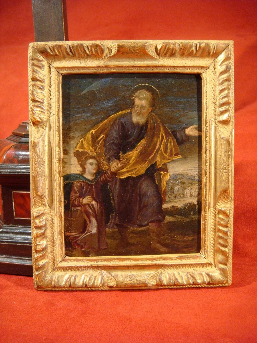 Tableau Huile Sur Cuivre Saint Joseph Et l'Enfant Jésus