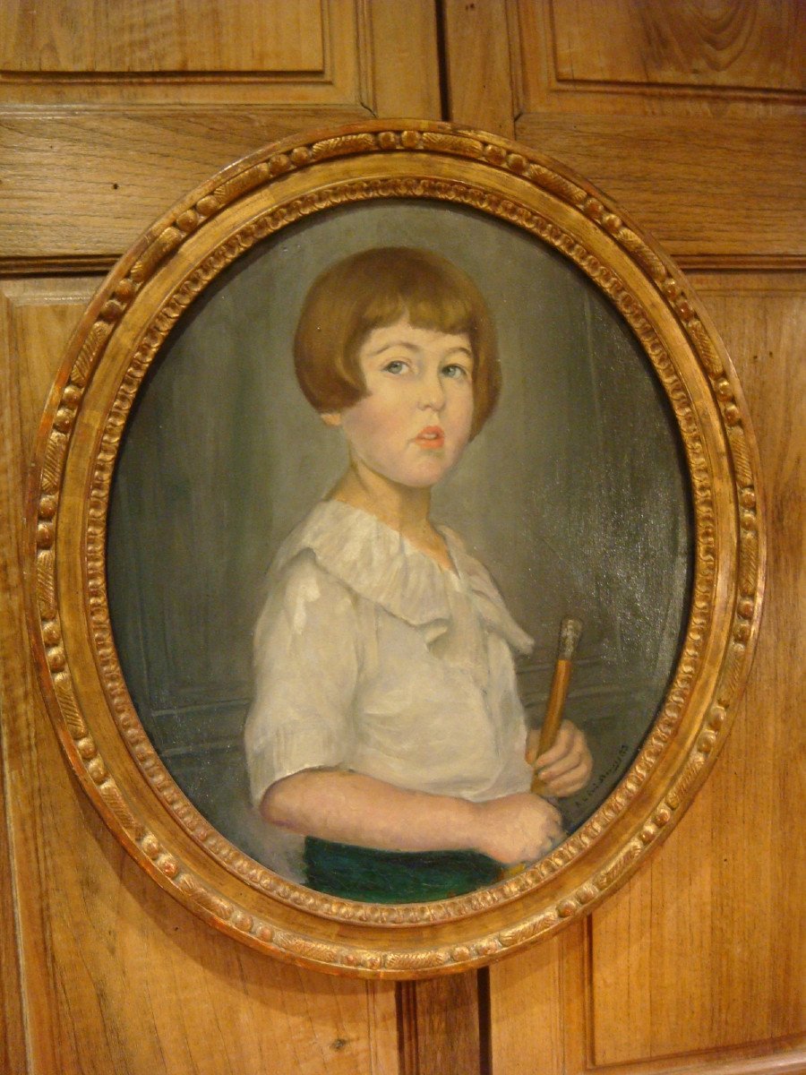 Portrait Tableau d'Une Jeune Fille à La Canne