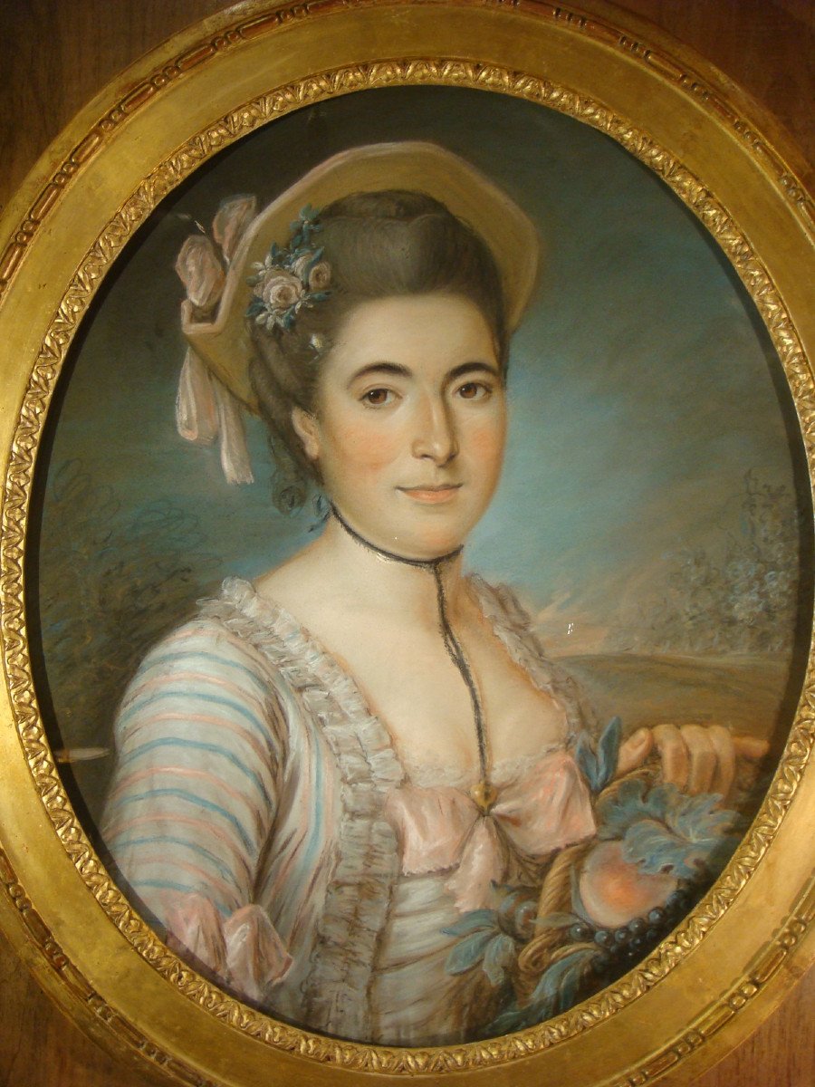 Pastel Ovale Jeune Femme Au Panier Epoque Louis XVI -photo-3