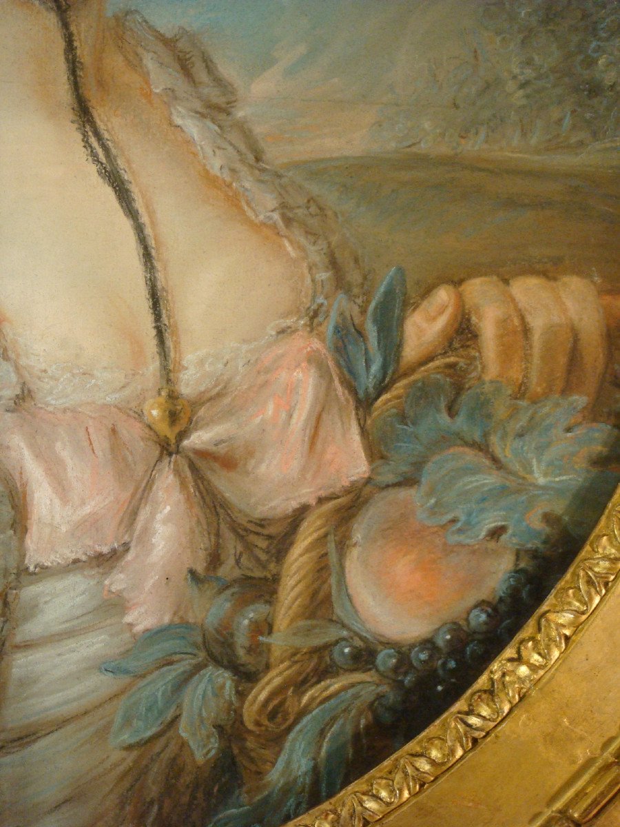 Pastel Ovale Jeune Femme Au Panier Epoque Louis XVI -photo-2