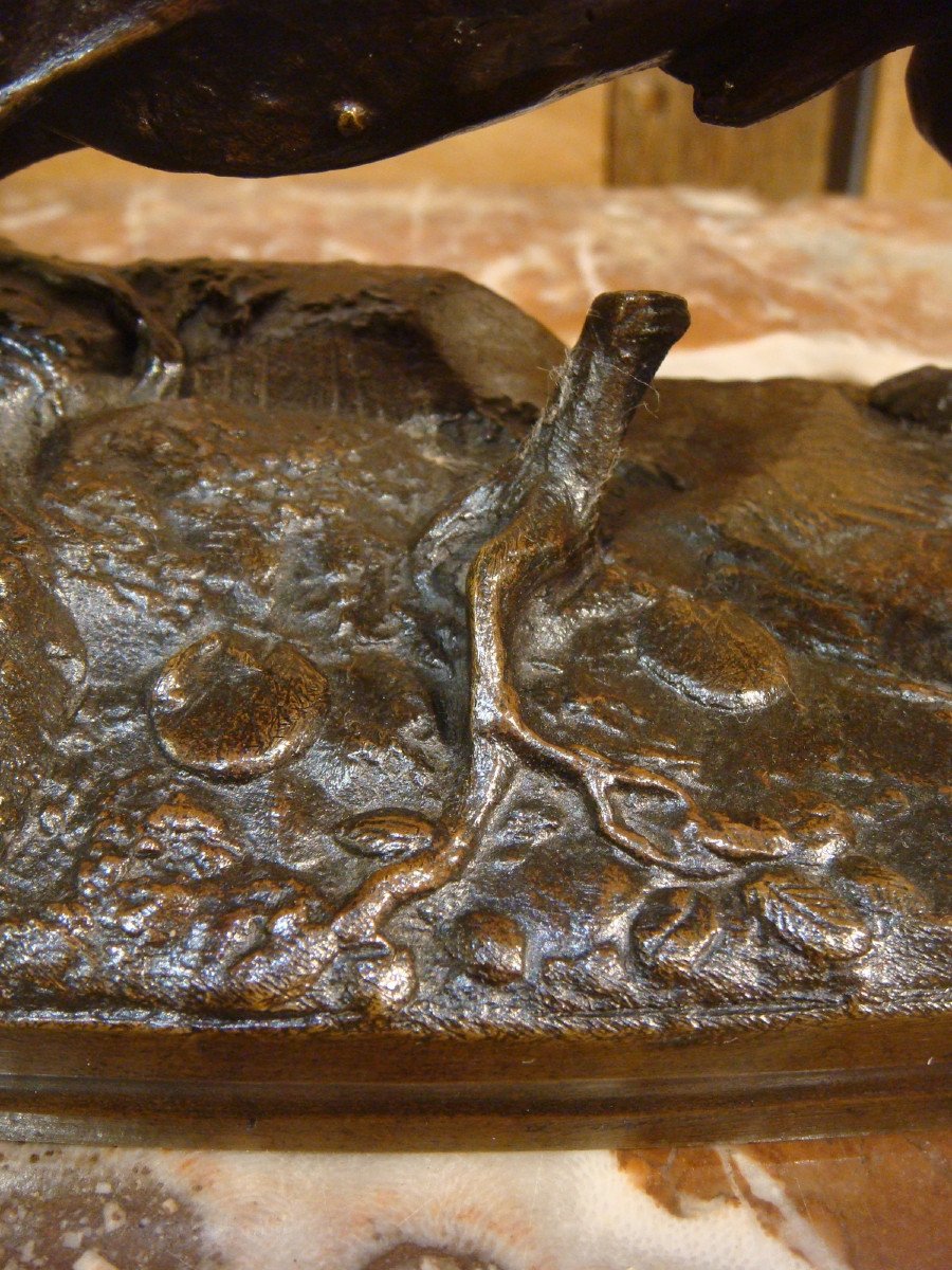 Dog Bronze Playing With A Snail Signed De Chemin-photo-2