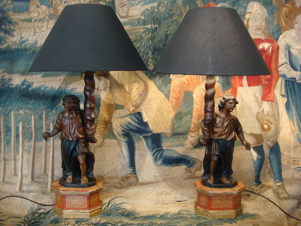 Pair Of Angels In Polychrome Wood Mounted In Lamps - Eighteenth Time-photo-2