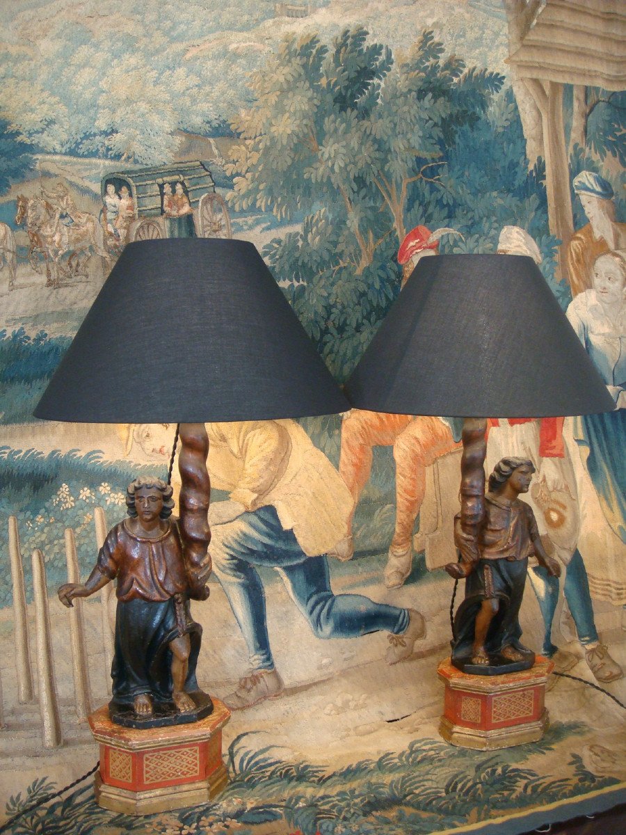 Pair Of Angels In Polychrome Wood Mounted In Lamps - Eighteenth Time-photo-3