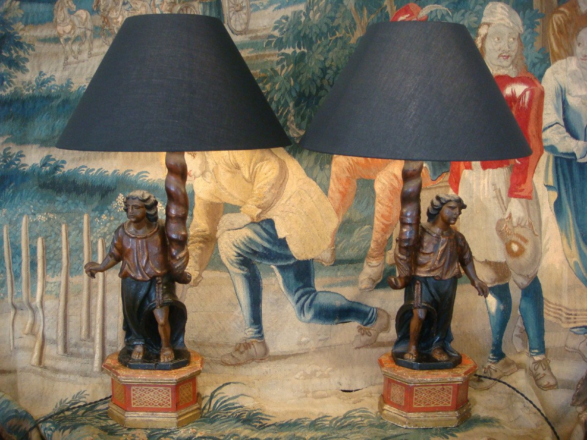 Pair Of Angels In Polychrome Wood Mounted In Lamps - Eighteenth Time-photo-8