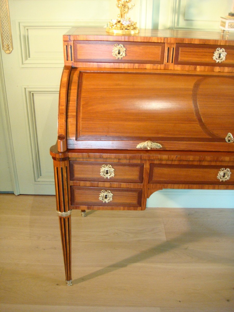 Cylinder Desk In Stamped Marquetry - Louis XVI Period-photo-2