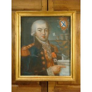 Painting Portrait Of Officer Pastel Armorié - Epoque XVIII