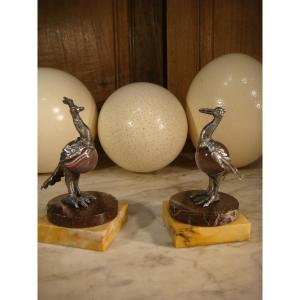 Pair Of Birds In Silver And Agate Period XIX