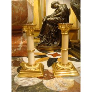 Pair Of Small Dore Bronze And Ivory Candlesticks Late Nineteenth Time