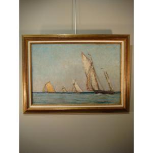 Marine Painting Oil On Canvas Sailboats André Wilder 1923