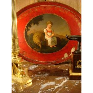Lacquered Tole Tray Decorated With A Young Girl First Empire Period