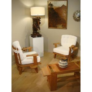 Pair Of Oak Armchairs And Their Guillerme Et Chambron Glass Holders Circa 1950