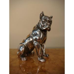 Sculpture Bulldog En Bronze Argente Bourcart - Epoque Vers 1930 