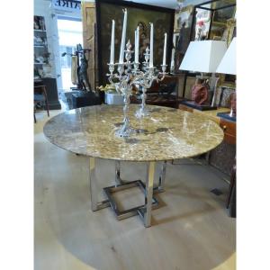  GRANDE TABLE RONDE A PLATEAU DE MARBRE Epoque vers 1970 