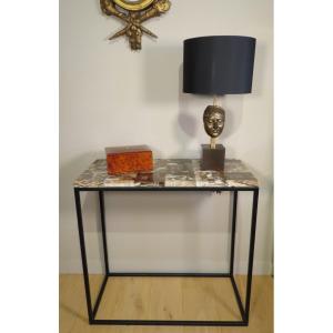 CONSOLE A PLATEAU DE MARQUETERIE D’ONYX Epoque XX ème