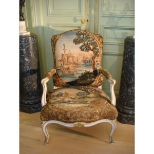 Large Armchair With Flat Back In Tapestry - Louis XV Period