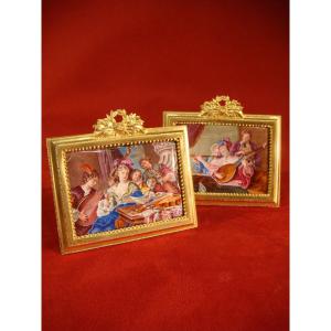 Pair Of Miniatures Salon De Musique On Enamel.