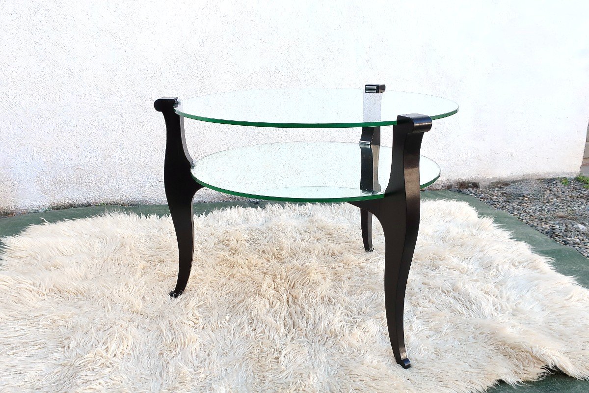 1940 Low Pedestal Table In Blackened Wood, Glass And Mirror.-photo-2