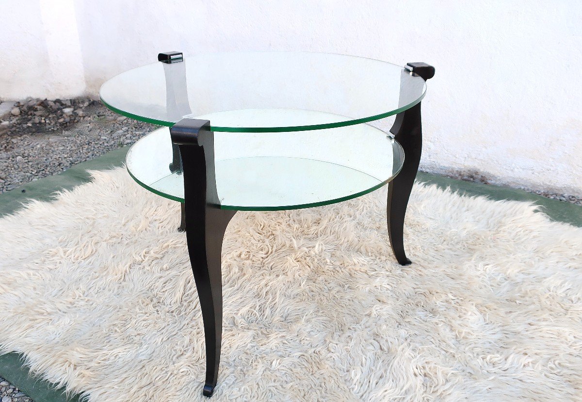 1940 Low Pedestal Table In Blackened Wood, Glass And Mirror.-photo-3