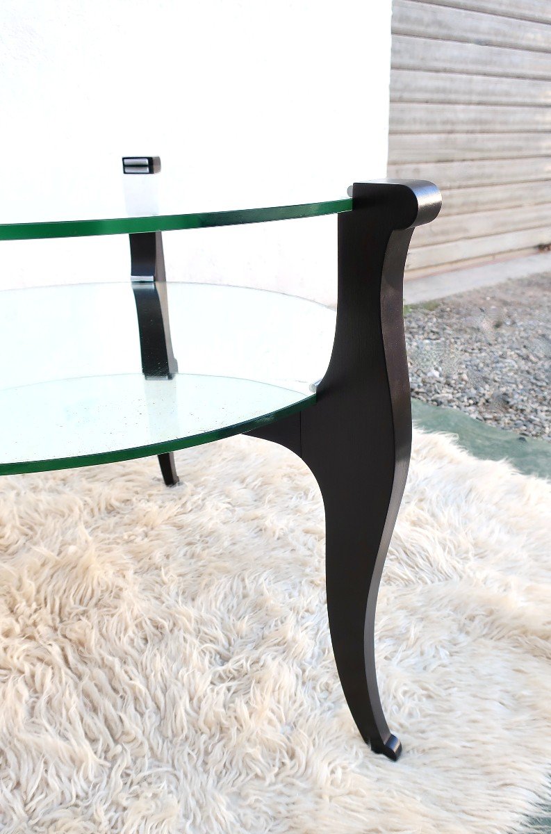 1940 Low Pedestal Table In Blackened Wood, Glass And Mirror.-photo-4